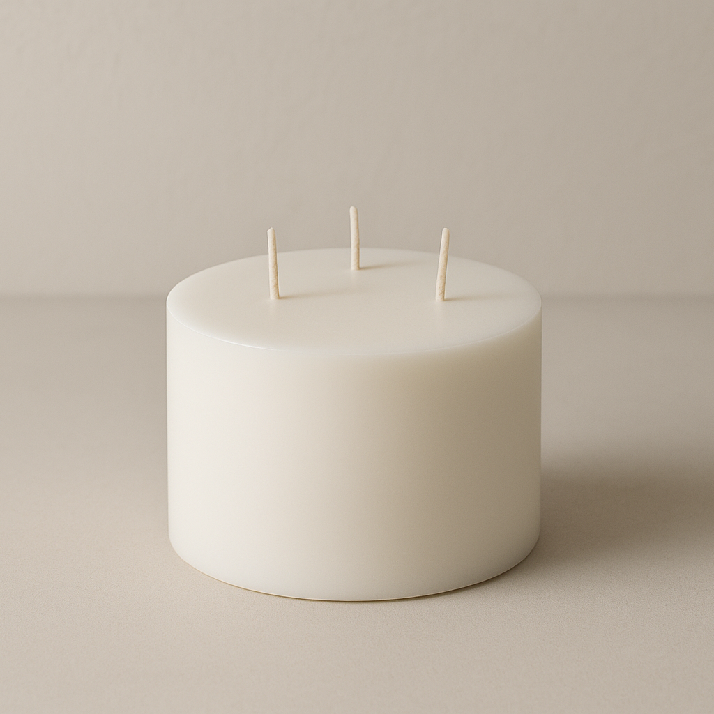 please create a 3 wick pillar candle that is round, white in colour
