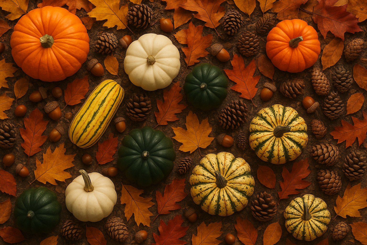 an autumnal scene with ornage pumpkins, fallen leaves and acorns